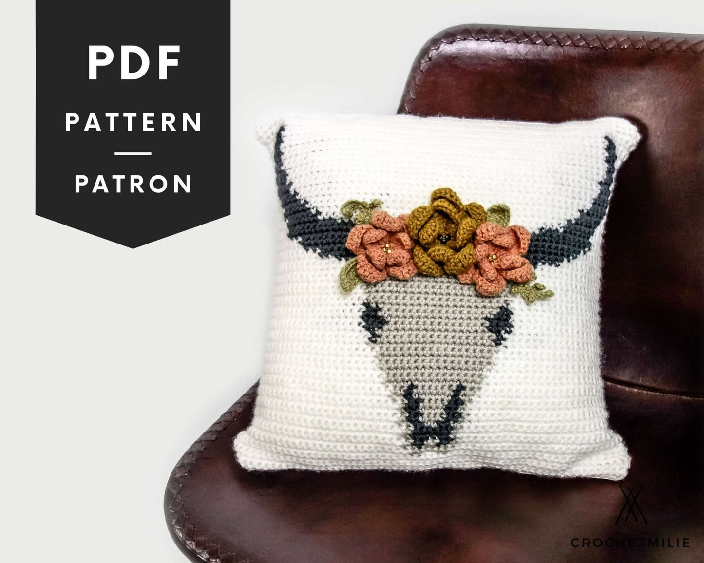 Patron au crochet - Coussin crâne fleuri - Crochetmilie