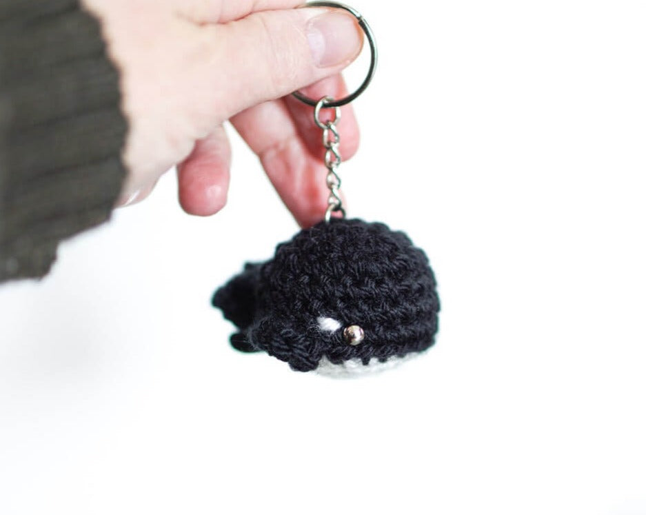 crochet whale, grampus keychain, black and white whale